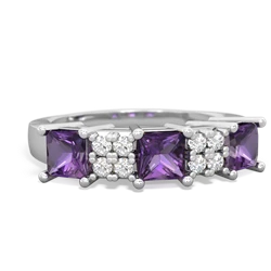 Amethyst Three Stone Diamond Cluster 14K White Gold ring R2592