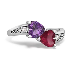 Amethyst Snuggling Hearts 14K White Gold ring R2178