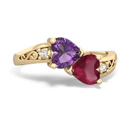 Amethyst Snuggling Hearts 14K Yellow Gold ring R2178