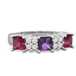 Amethyst Three Stone Diamond Cluster 14K White Gold ring R2592