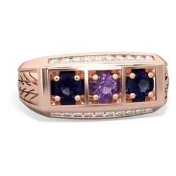 Amethyst Three Stone Tire Tread Men's 14K Rose Gold ring R0520