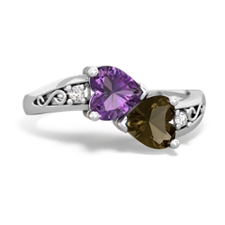 Amethyst Snuggling Hearts 14K White Gold ring R2178