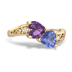 Amethyst Snuggling Hearts 14K Yellow Gold ring R2178