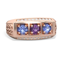 Amethyst Three Stone Tire Tread Men's 14K Rose Gold ring R0520