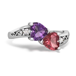 Amethyst Snuggling Hearts 14K White Gold ring R2178