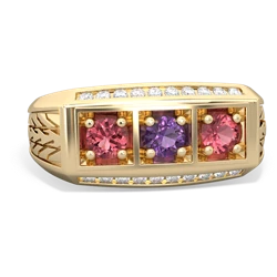 Amethyst Three Stone Tire Tread Men's 14K Yellow Gold ring R0520