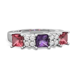 Amethyst Three Stone Diamond Cluster 14K White Gold ring R2592