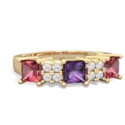 Amethyst Three Stone Diamond Cluster 14K Yellow Gold ring R2592