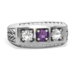 Amethyst Three Stone Tire Tread Men's 14K White Gold ring R0520