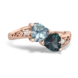 Aquamarine Snuggling Hearts 14K Rose Gold ring R2178