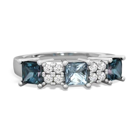 Aquamarine Three Stone Diamond Cluster 14K White Gold ring R2592