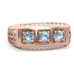 Aquamarine Three Stone Tire Tread Men's 14K Rose Gold ring R0520