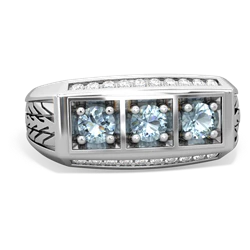 Aquamarine Three Stone Tire Tread Men's 14K White Gold ring R0520