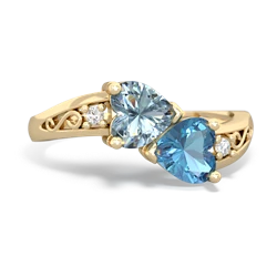 Aquamarine Snuggling Hearts 14K Yellow Gold ring R2178