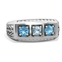 Aquamarine Three Stone Tire Tread Men's 14K White Gold ring R0520