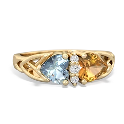 Aquamarine Celtic Knot Double Heart 14K Yellow Gold ring R5040