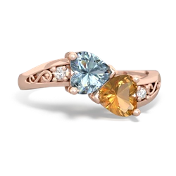 Aquamarine Snuggling Hearts 14K Rose Gold ring R2178