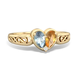 Aquamarine Filligree 'One Heart' 14K Yellow Gold ring R5070