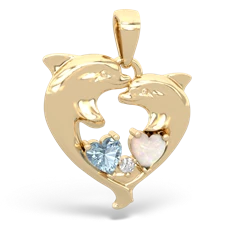 Aquamarine Dolphin Heart 14K Yellow Gold pendant P5820