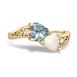 Aquamarine Snuggling Hearts 14K Yellow Gold ring R2178