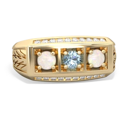 Aquamarine Three Stone Tire Tread Men's 14K Yellow Gold ring R0520