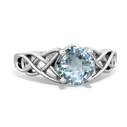 Aquamarine Checkerboard Cushion Celtic Knot 14K White Gold ring R5000