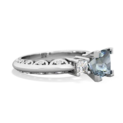 Aquamarine Art Deco Diamond Engagement 6Mm Princess 14K White Gold ring R2001