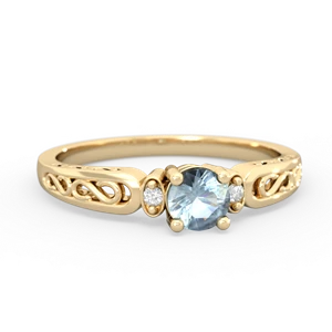 Aquamarine Filligree Scroll Round 14K Yellow Gold ring R0829