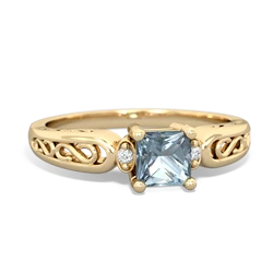 Aquamarine Filligree Scroll Square 14K Yellow Gold ring R2430