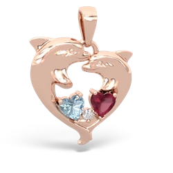 Aquamarine Dolphin Heart 14K Rose Gold pendant P5820