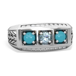 Aquamarine Three Stone Tire Tread Men's 14K White Gold ring R0520