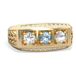 Aquamarine Three Stone Tire Tread Men's 14K Yellow Gold ring R0520