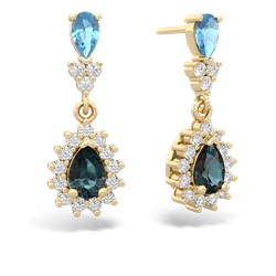 Blue Topaz Halo Pear Dangle 14K Yellow Gold earrings E1882