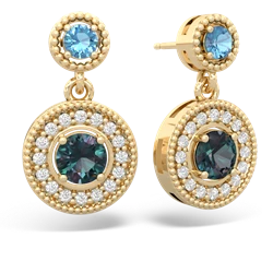 Blue Topaz Halo Dangle 14K Yellow Gold earrings E5319