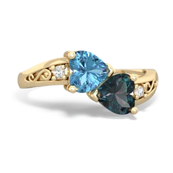 Blue Topaz Snuggling Hearts 14K Yellow Gold ring R2178