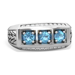 Blue Topaz Three Stone Tire Tread Men's 14K White Gold ring R0520