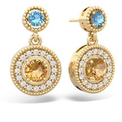 Blue Topaz Halo Dangle 14K Yellow Gold earrings E5319