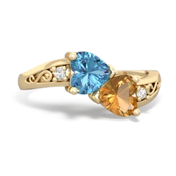 Blue Topaz Snuggling Hearts 14K Yellow Gold ring R2178