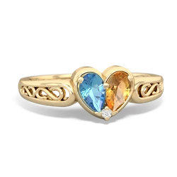 Blue Topaz Filligree 'One Heart' 14K Yellow Gold ring R5070