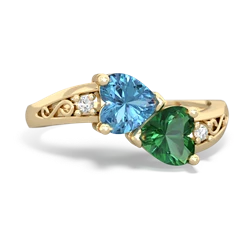 Blue Topaz Snuggling Hearts 14K Yellow Gold ring R2178