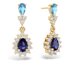 Blue Topaz Halo Pear Dangle 14K Yellow Gold earrings E1882