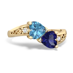 Blue Topaz Snuggling Hearts 14K Yellow Gold ring R2178