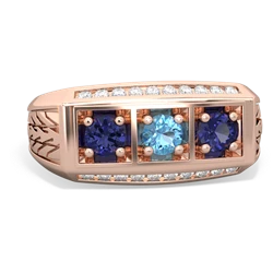 Blue Topaz Three Stone Tire Tread Men's 14K Rose Gold ring R0520