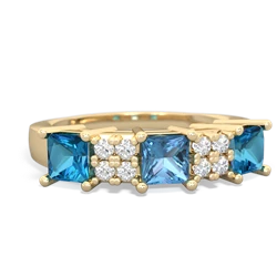 Blue Topaz Three Stone Diamond Cluster 14K Yellow Gold ring R2592