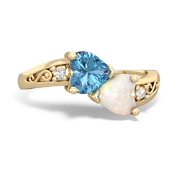 Blue Topaz Snuggling Hearts 14K Yellow Gold ring R2178