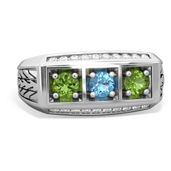 Blue Topaz Three Stone Tire Tread Men's 14K White Gold ring R0520