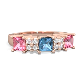 Blue Topaz Three Stone Diamond Cluster 14K Rose Gold ring R2592