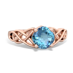 Blue Topaz Checkerboard Cushion Celtic Knot 14K Rose Gold ring R5000