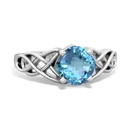 Blue Topaz Checkerboard Cushion Celtic Knot 14K White Gold ring R5000