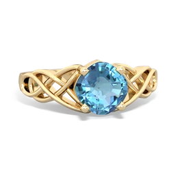 Blue Topaz Checkerboard Cushion Celtic Knot 14K Yellow Gold ring R5000